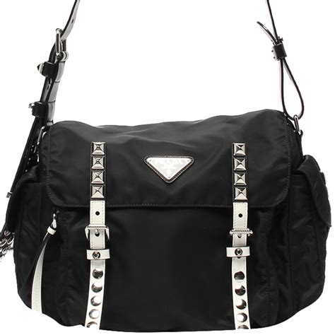 PRADA Nylon New Vela Studded Messenger Bag Black